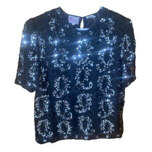 Vintage Patchouli Black Sequin Silk Top Large Party Cocktail Sparkle